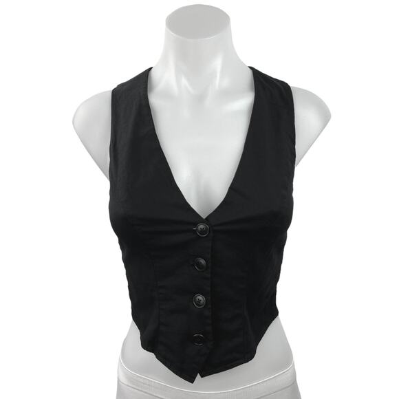 Reformation Black V Neck Sleeveless Button Front Cropped Vest Top Size 0 - Picture 1 of 9